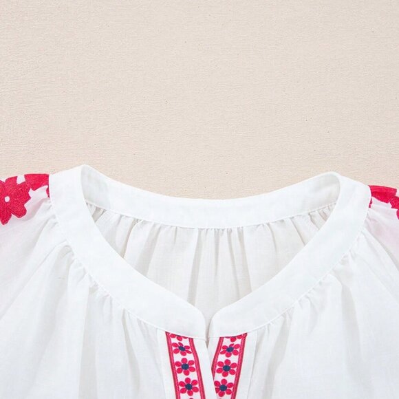 White Casual Women's Floral Embroidery Puff Sleeve Button-Up Shirt - Picture 5 of 8